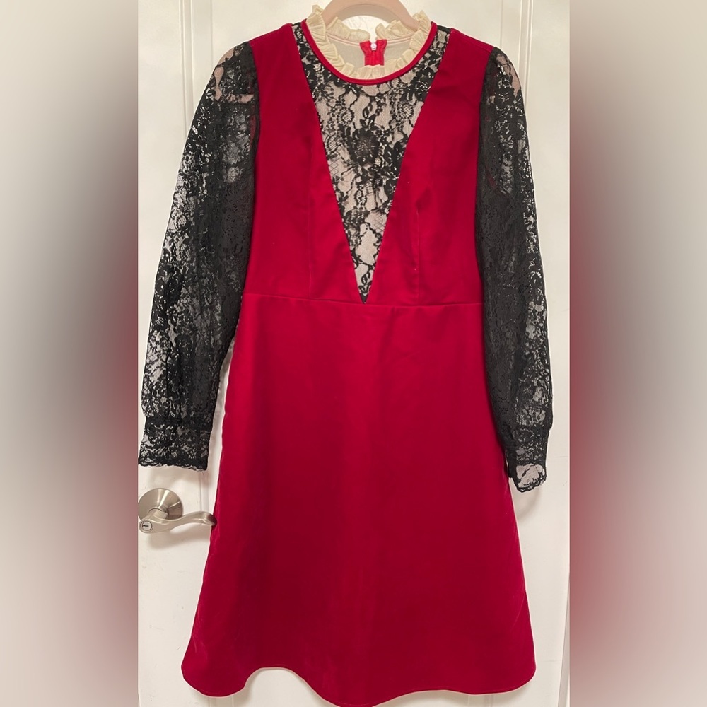 Red Velvet Mini Dress Black Lace Sleeve Gothic Romantic Victorian Retro Medium